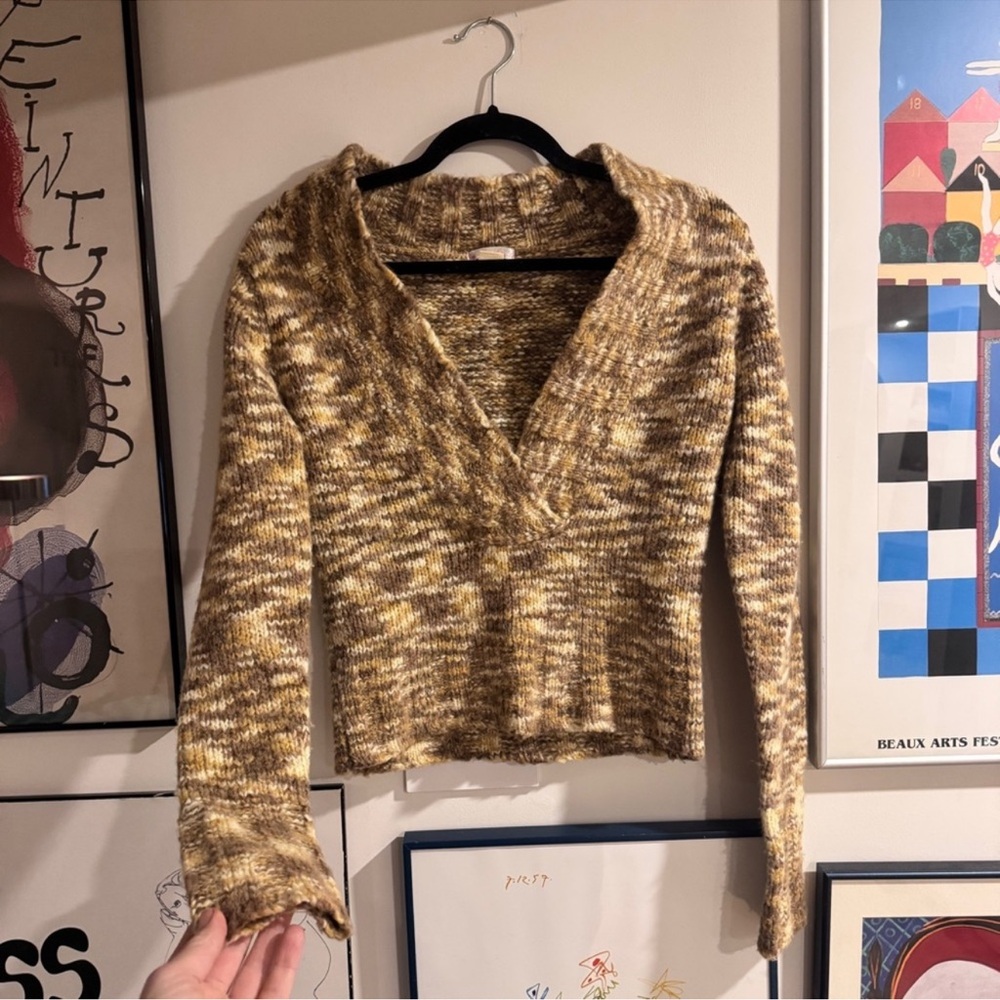 lux lux lux brown and yellow multi-colored knit V-neck knit sweater - size S